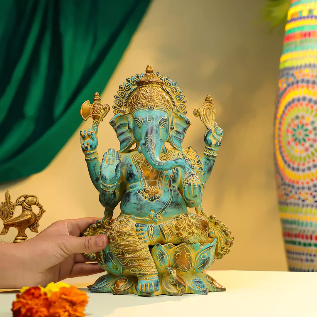 Coloured Brass Lord Ganesha Idol Antique Finish 13 Inch