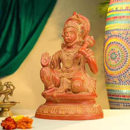 Coloured Brass Lord Hanuman Idol Seated on Oval Base 16 Inch