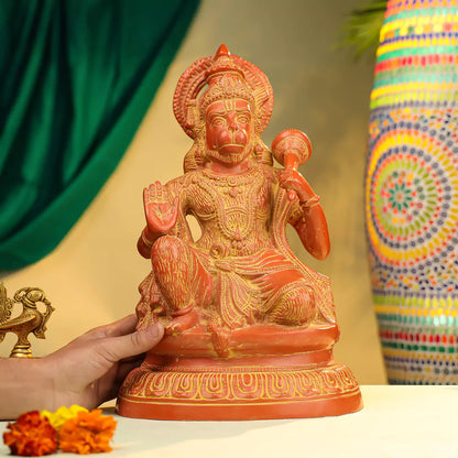 Coloured Brass Lord Hanuman Idol Seated on Oval Base 16 Inch