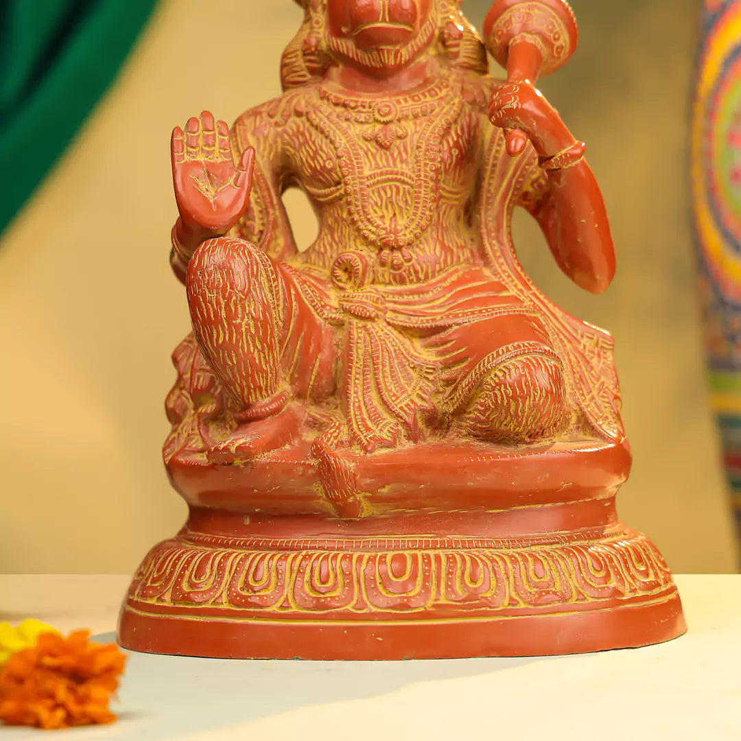 Coloured Brass Lord Hanuman Idol Seated on Oval Base 16 Inch