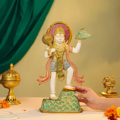 Coloured Brass Hanuman Idol Carrying Sanjeevani Mountain in Standing Pose 15 Inch