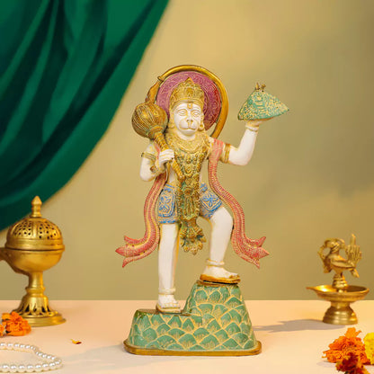 Coloured Brass Hanuman Idol Carrying Sanjeevani Mountain in Standing Pose 15 Inch