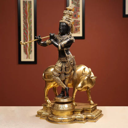 Coloured Brass Lord Krishna Idol Fluting with Cow in Background- 26 Inch