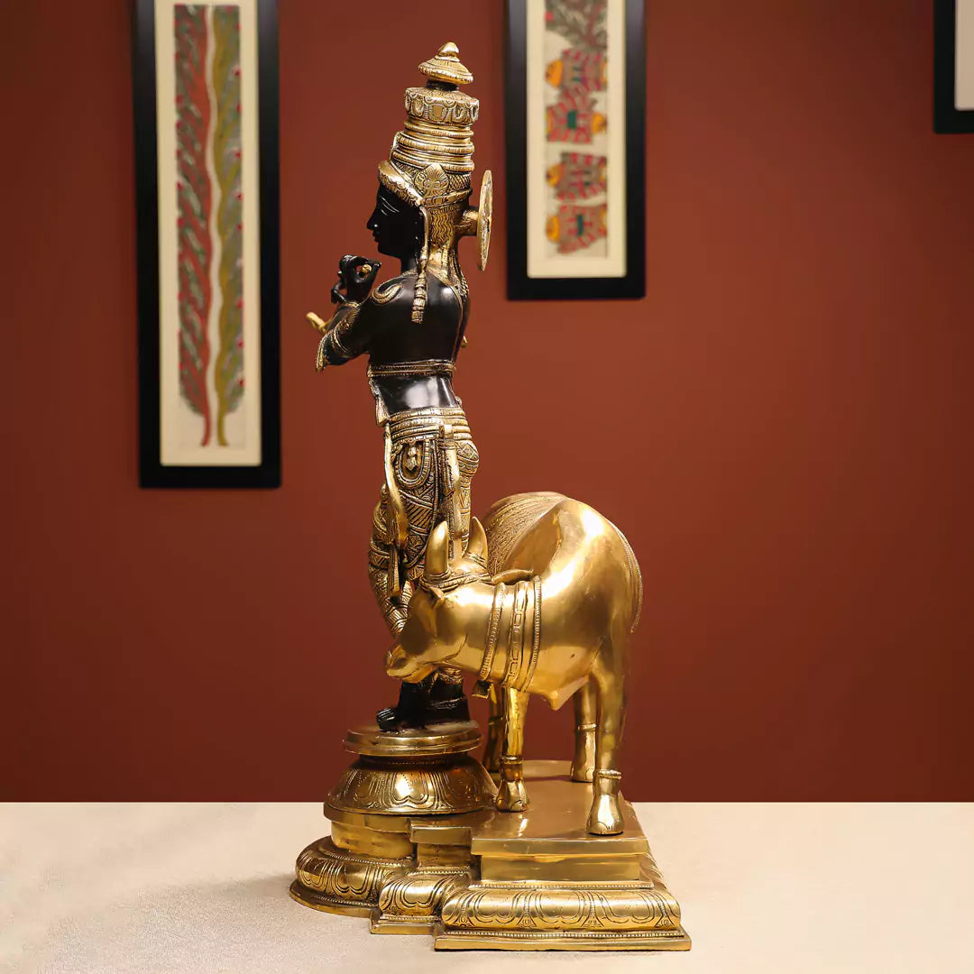 Coloured Brass Lord Krishna Idol Fluting with Cow in Background- 26 Inch