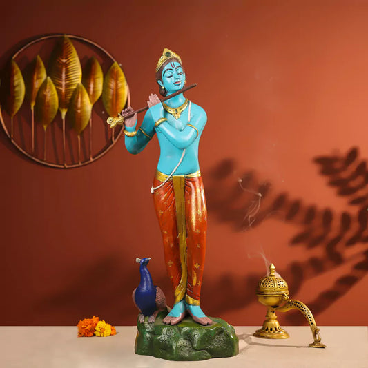 Coloured Brass Krishna Idol Fluting in Standing Pose with A Peacock on The Rock 29 Inch