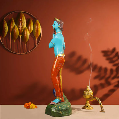 Coloured Brass Krishna Idol Fluting in Standing Pose with A Peacock on The Rock 29 Inch