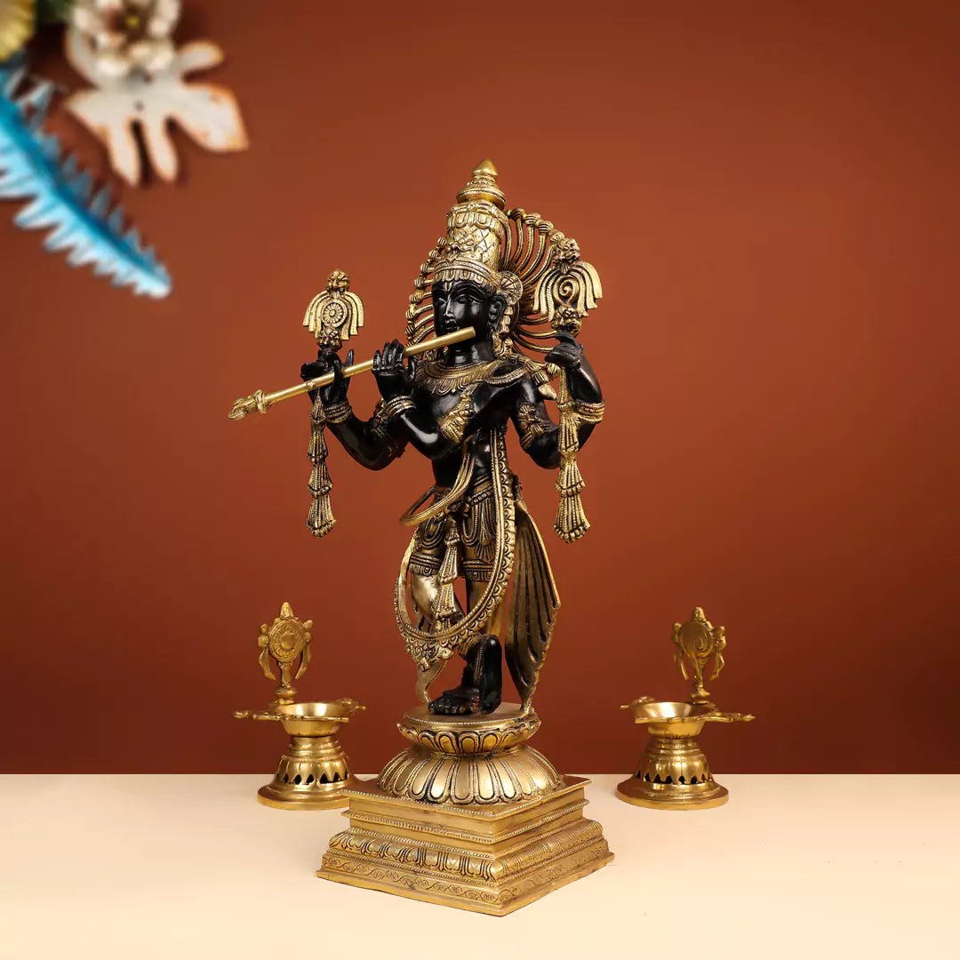 Coloured Brass Lord Krishna Murlidhar Idol Standing with Crown- 24 Inch