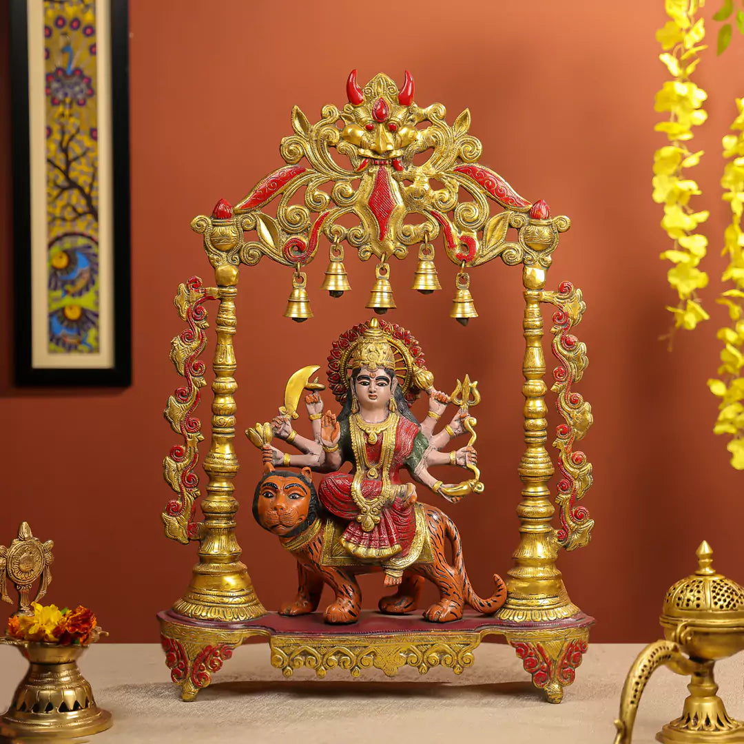 Coloured-Brass Maa Durga Idol With Temple Arch