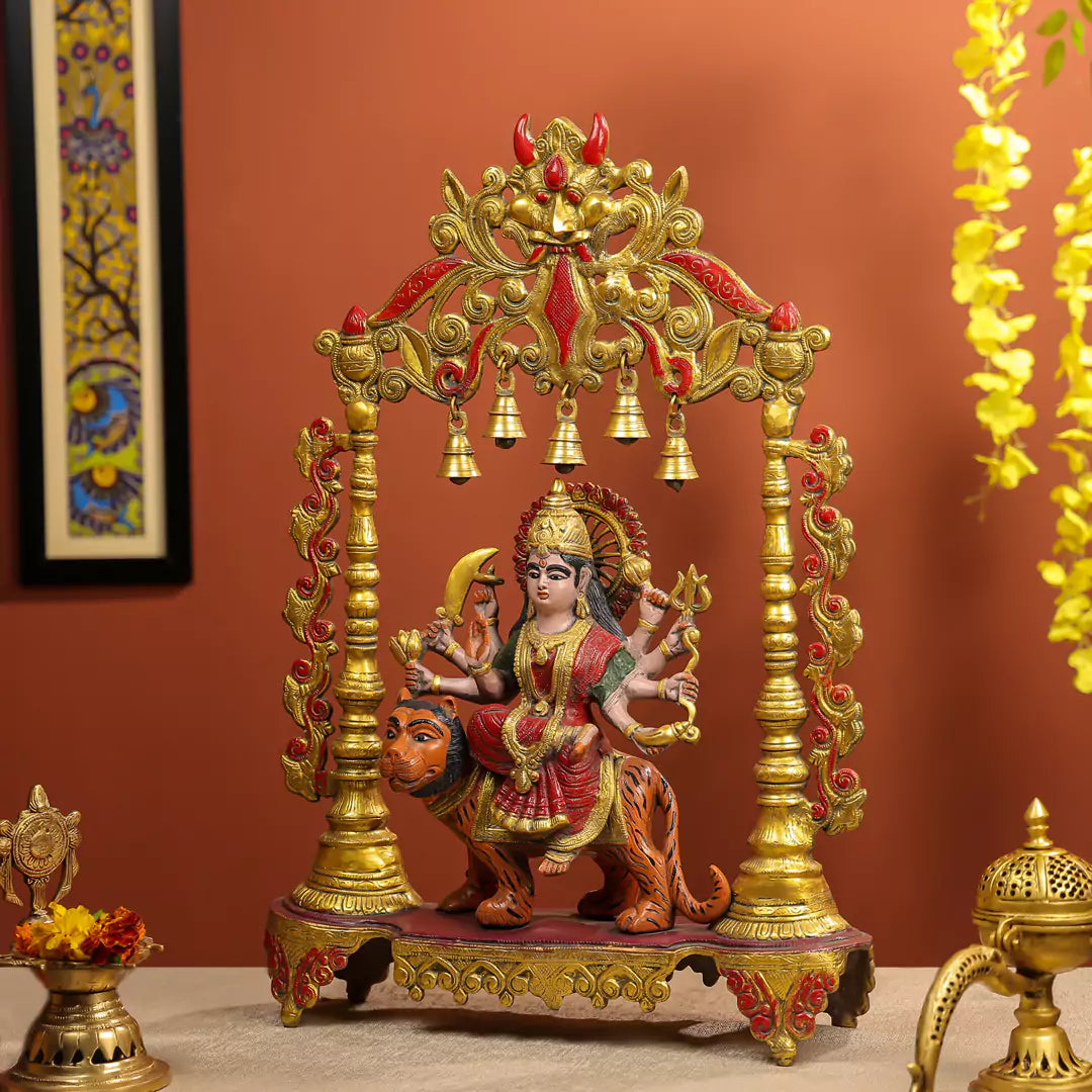 Coloured-Brass Maa Durga Idol With Temple Arch