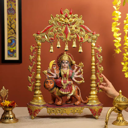 Coloured-Brass Maa Durga Idol With Temple Arch