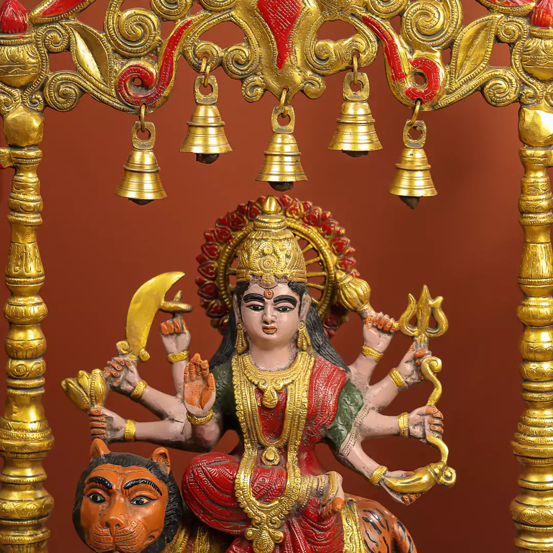 Coloured-Brass Maa Durga Idol With Temple Arch