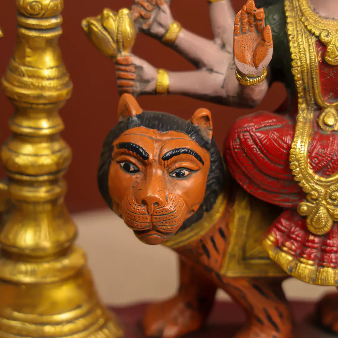 Coloured-Brass Maa Durga Idol With Temple Arch