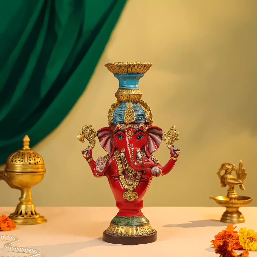 Coloured Brass Lord Ganesha Candle Stand 14"