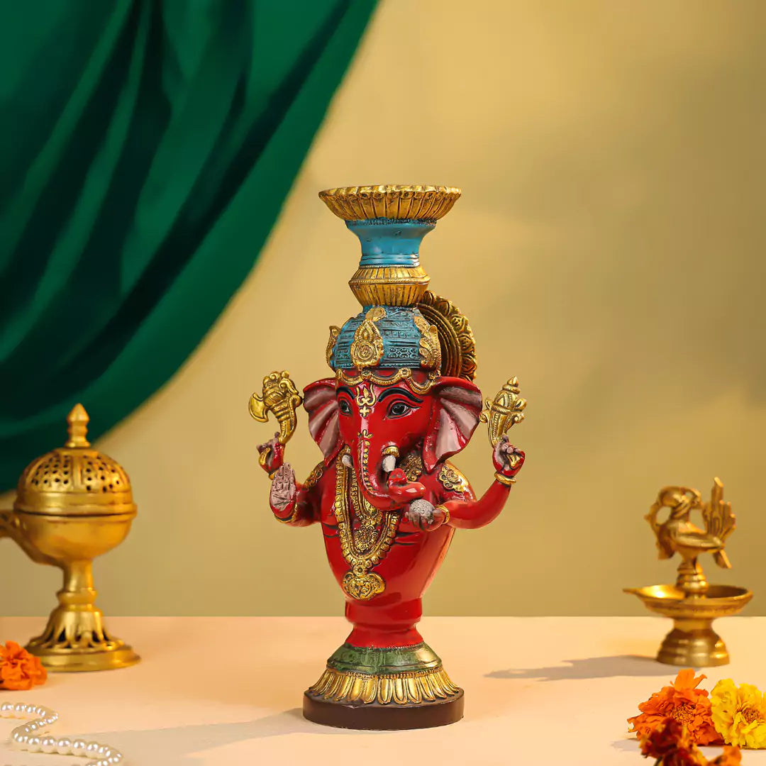 Coloured Brass Lord Ganesha Candle Stand 14"