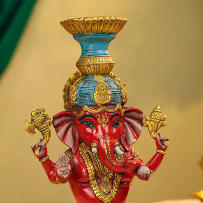 Coloured Brass Lord Ganesha Candle Stand 14"