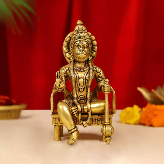 Brass Blessing Hanuman Idol Seated on a Chowki 7 Inch