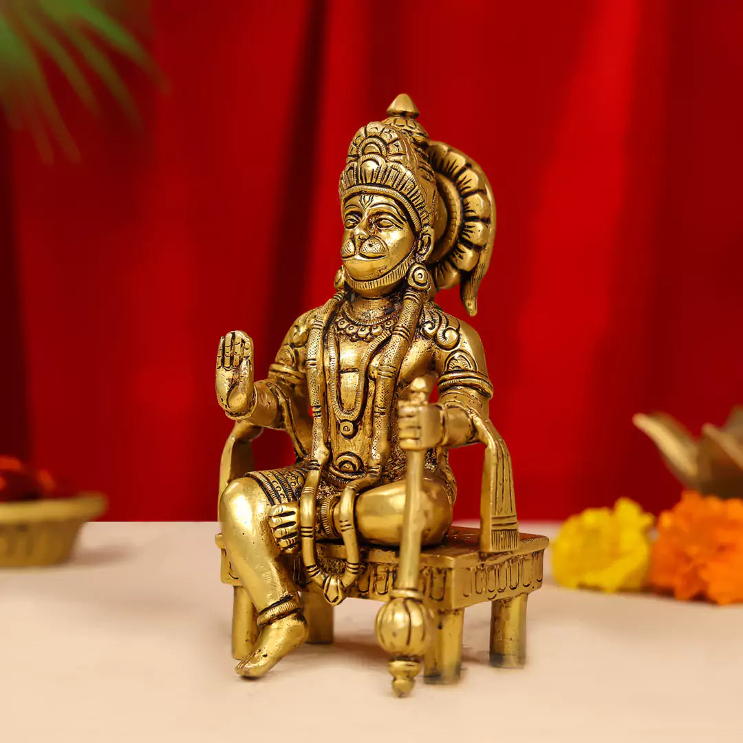 Brass Blessing Hanuman Idol Seated on a Chowki 7 Inch