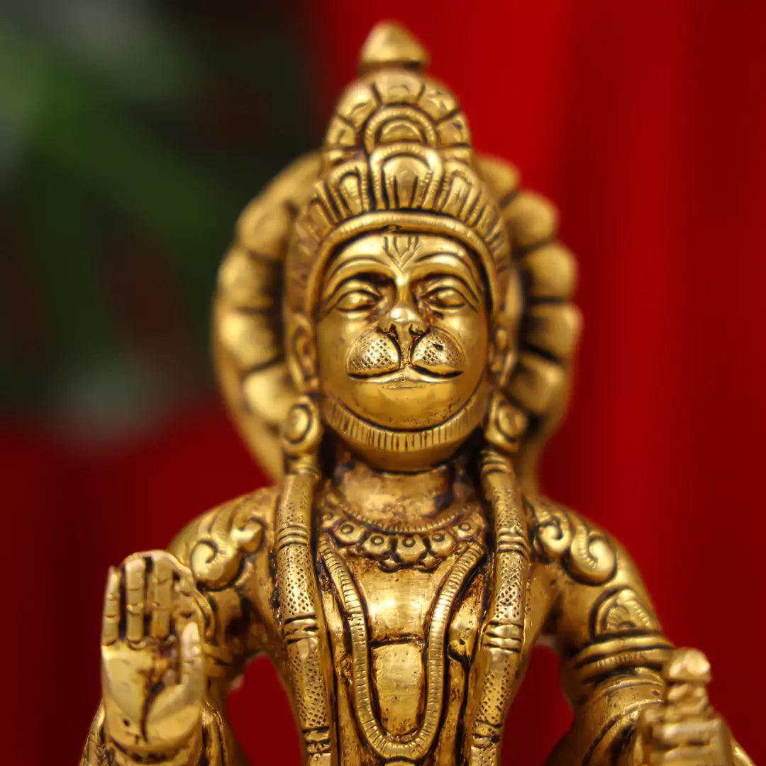 Brass Blessing Hanuman Idol Seated on a Chowki 7 Inch