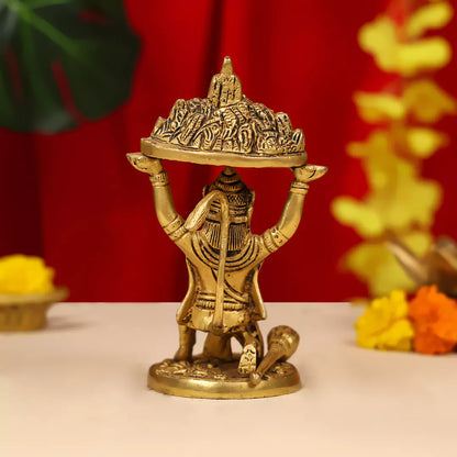 Brass Lord Hanuman Idol Carrying the Sanjeevani Mountain 7 Inch