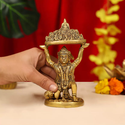 Brass Lord Hanuman Idol Carrying the Sanjeevani Mountain 7 Inch