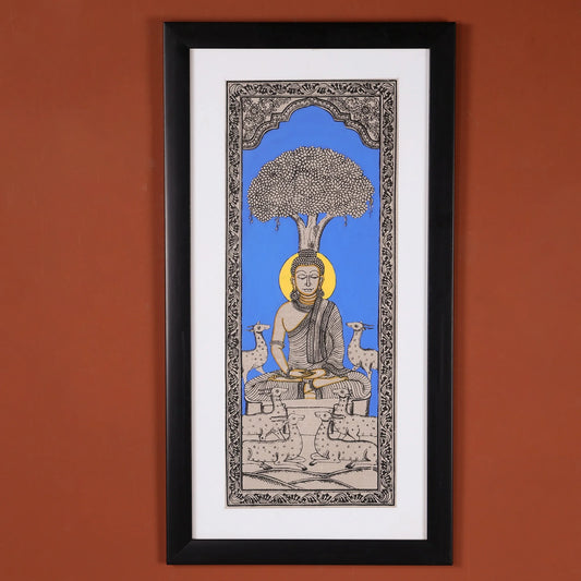 22" Pattachitra Hand Painted on Silk Wall Art of Lord Buddha Seated Under Bodhi Tree