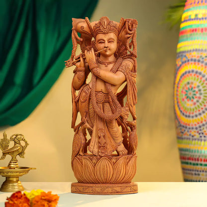 Kadam Wood Lord Krishna Idol Fluting on Lotus Base with Peacock - Richly Carved 16 Inch