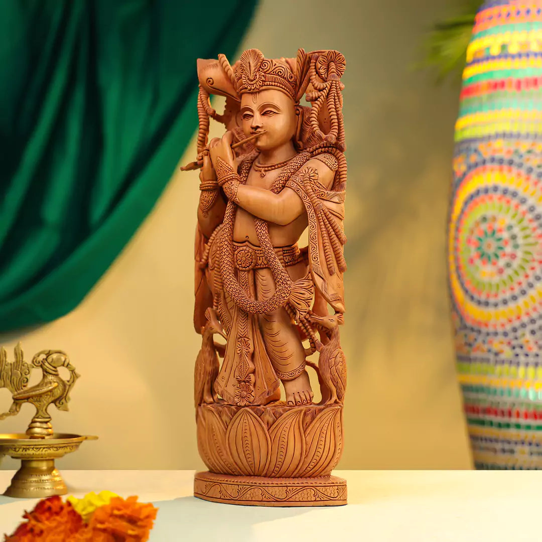 Kadam Wood Lord Krishna Idol Fluting on Lotus Base with Peacock - Richly Carved 16 Inch