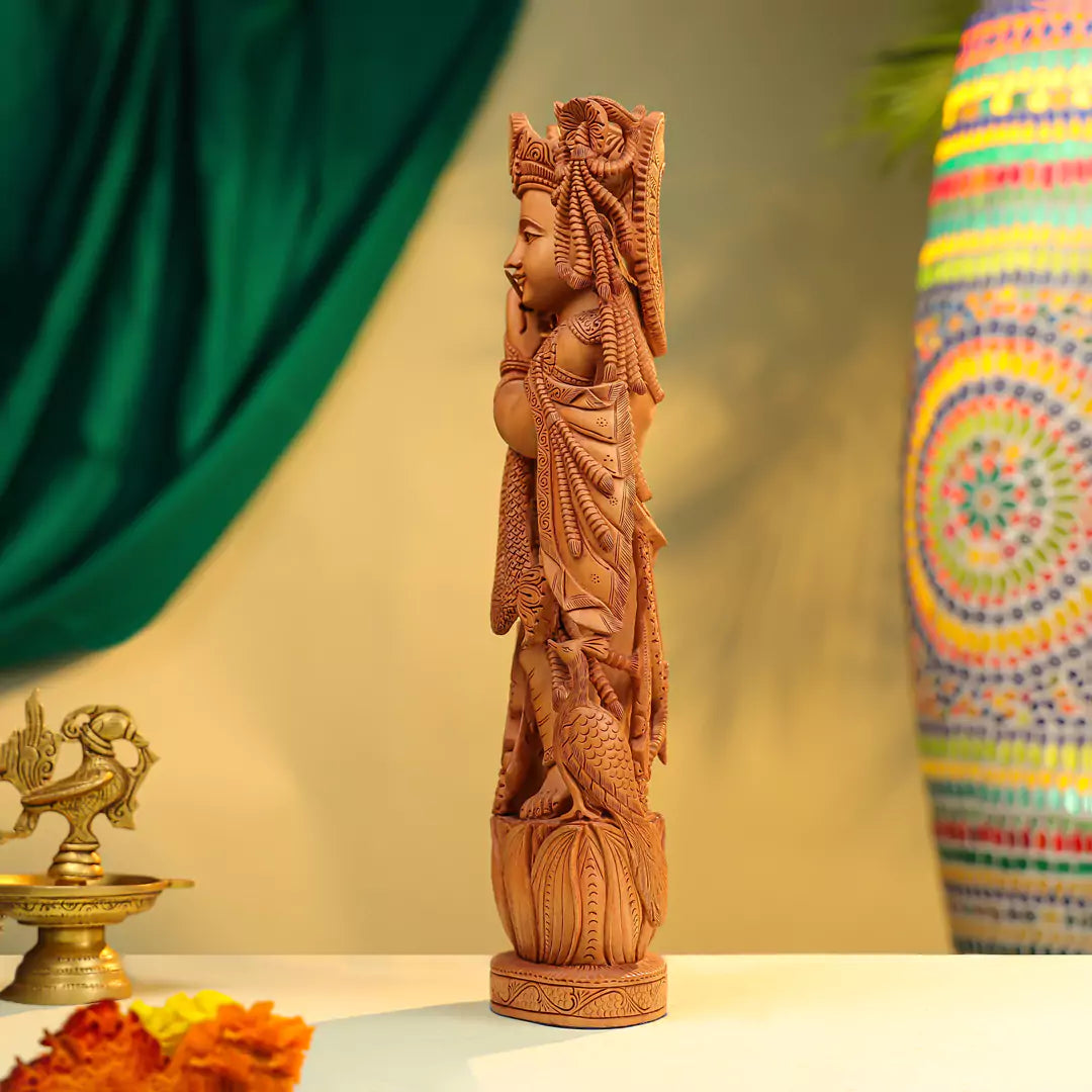 Kadam Wood Lord Krishna Idol Fluting on Lotus Base with Peacock - Richly Carved 16 Inch