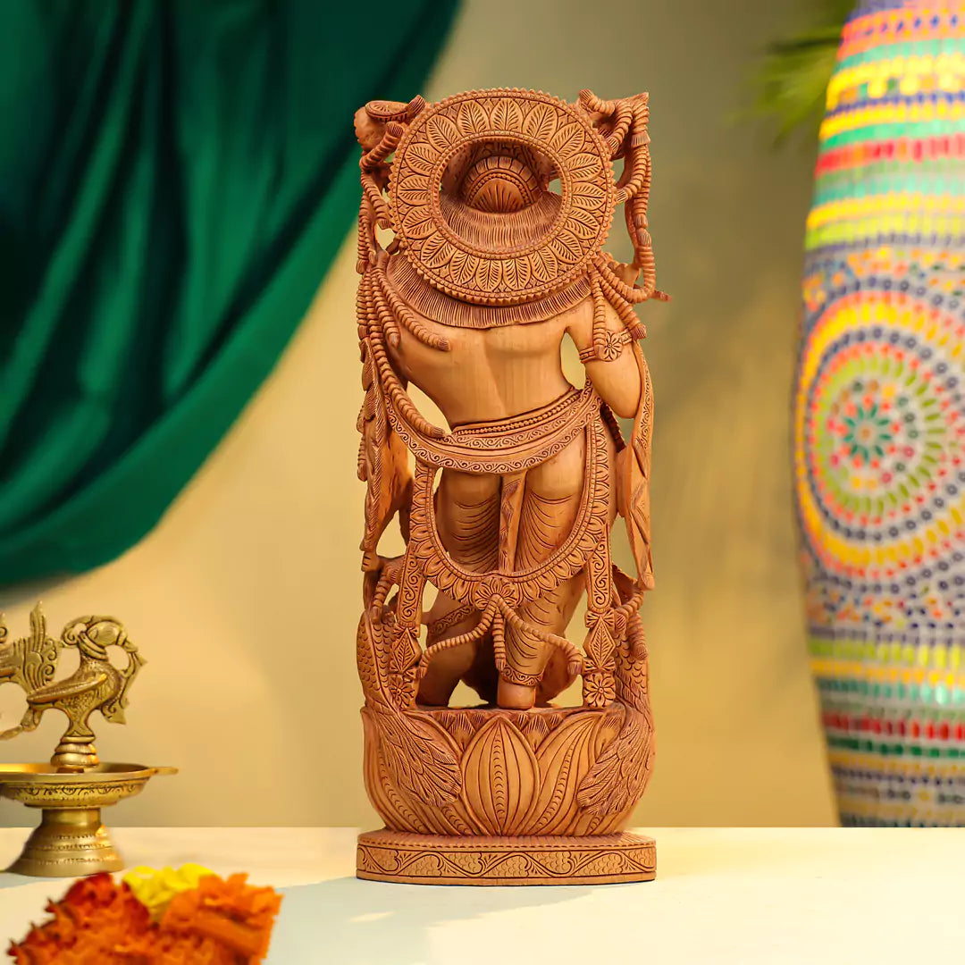 Kadam Wood Lord Krishna Idol Fluting on Lotus Base with Peacock - Richly Carved 16 Inch