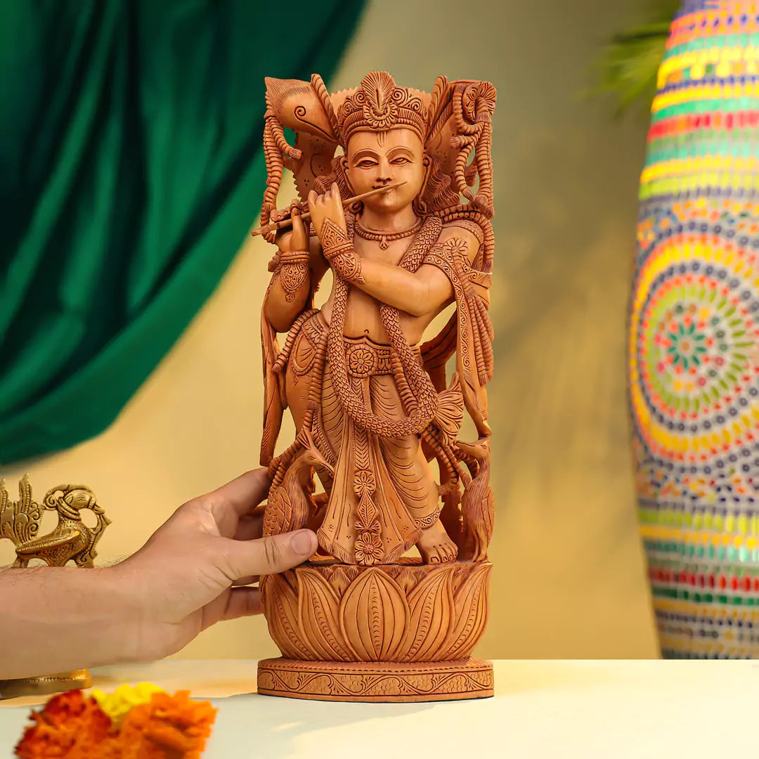 Kadam Wood Lord Krishna Idol Fluting on Lotus Base with Peacock - Richly Carved 16 Inch