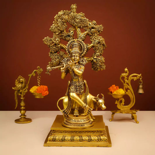 Brass Lord Krishna Murlidhar Idol Fluting with Cow Background Under the Tree 17"