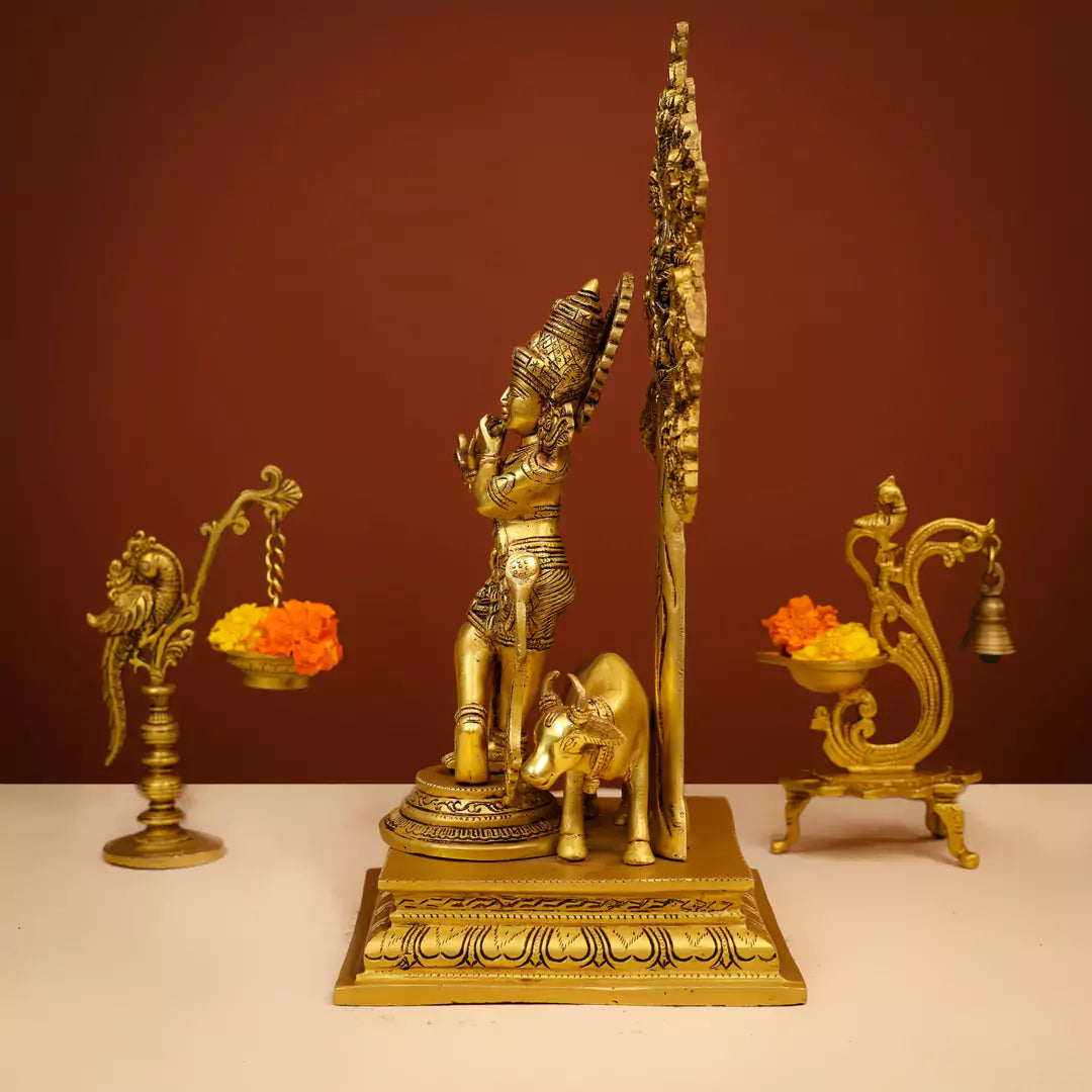 Brass Lord Krishna Murlidhar Idol Fluting with Cow Background Under the Tree 17"