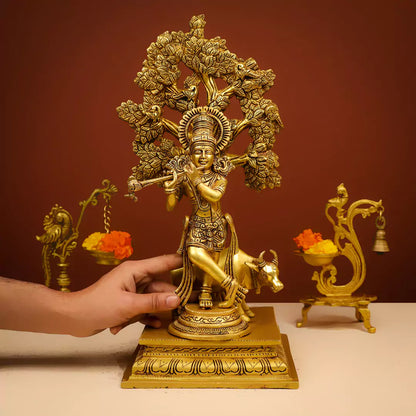 Brass Lord Krishna Murlidhar Idol Fluting with Cow Background Under the Tree 17"