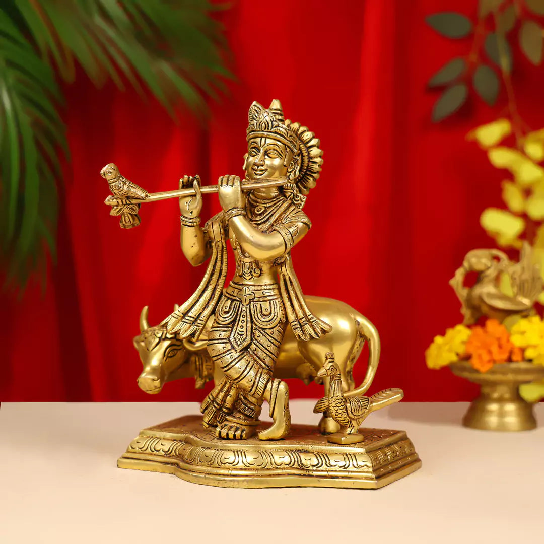 Brass Lord Krishna Idol Fluting With Cow in Background 9 Inch