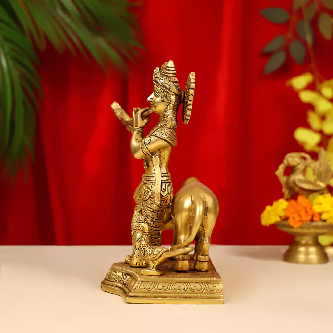 Brass Lord Krishna Idol Fluting With Cow in Background 9 Inch