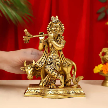 Brass Lord Krishna Idol Fluting With Cow in Background 9 Inch