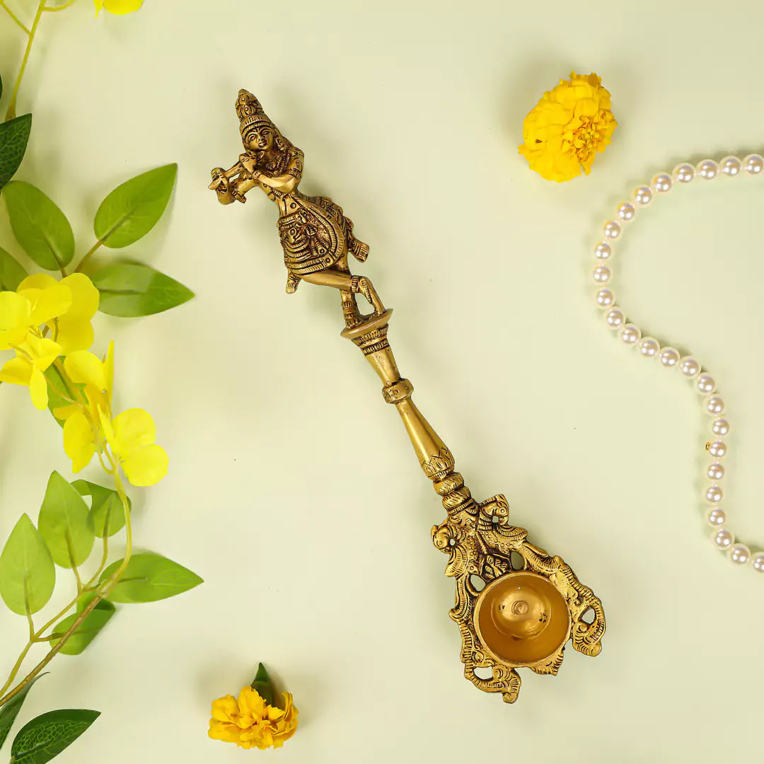 Brass Lord Krishna Pooja Hawan Spoon- 11 Inch