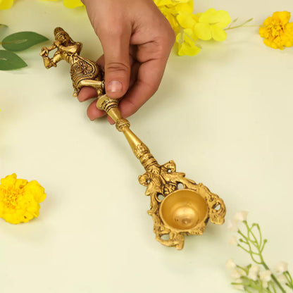 Brass Lord Krishna Pooja Hawan Spoon- 11 Inch