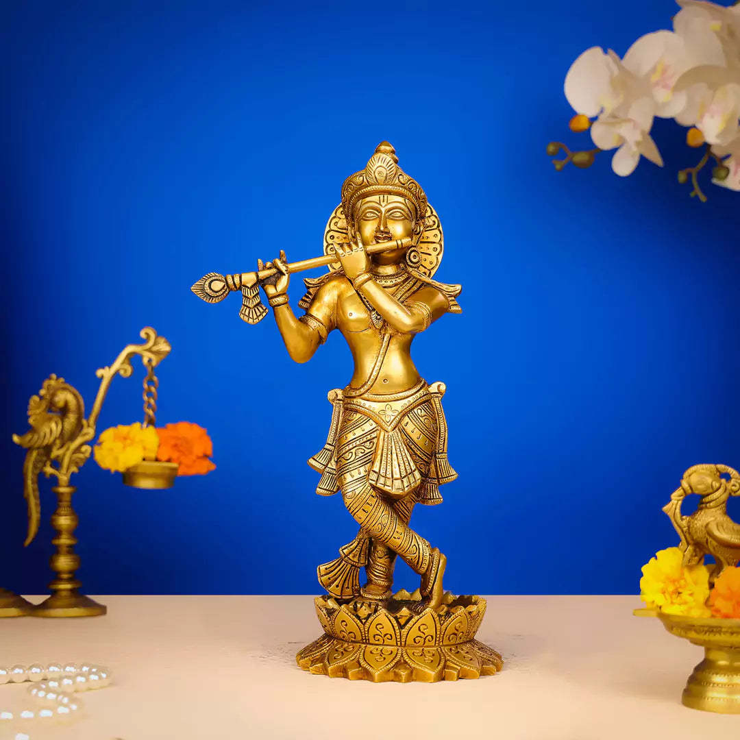 Brass Lord Krishna Murlidhar Idol Standing on Lotus Base 13 Inch