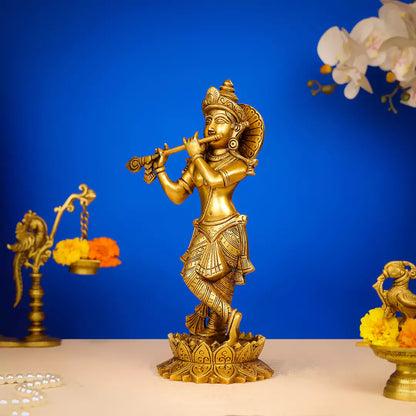 Brass Lord Krishna Murlidhar Idol Standing on Lotus Base 13 Inch