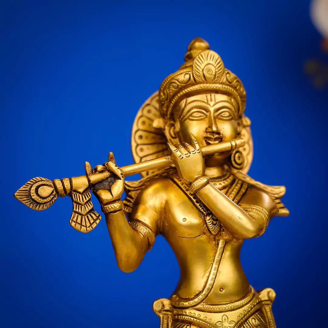 Brass Lord Krishna Murlidhar Idol Standing on Lotus Base 13 Inch