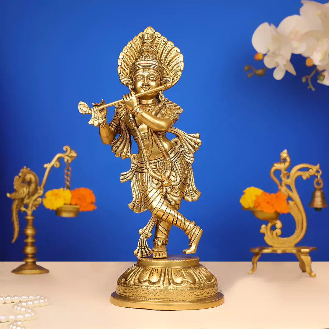 Brass Lord Krishna Murlidhar Idol Standing on Leaf Design Base 15 Inch