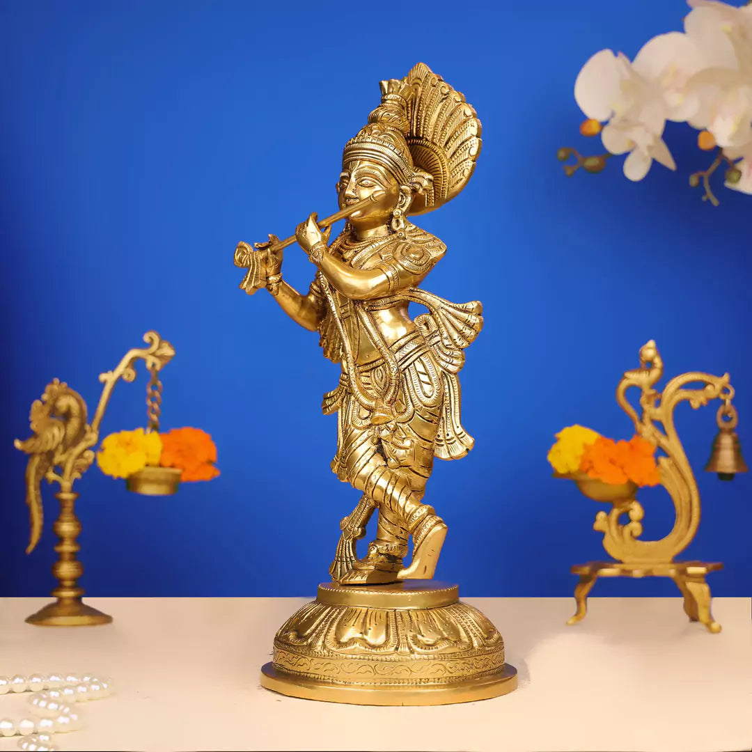 Brass Lord Krishna Murlidhar Idol Standing on Leaf Design Base 15 Inch