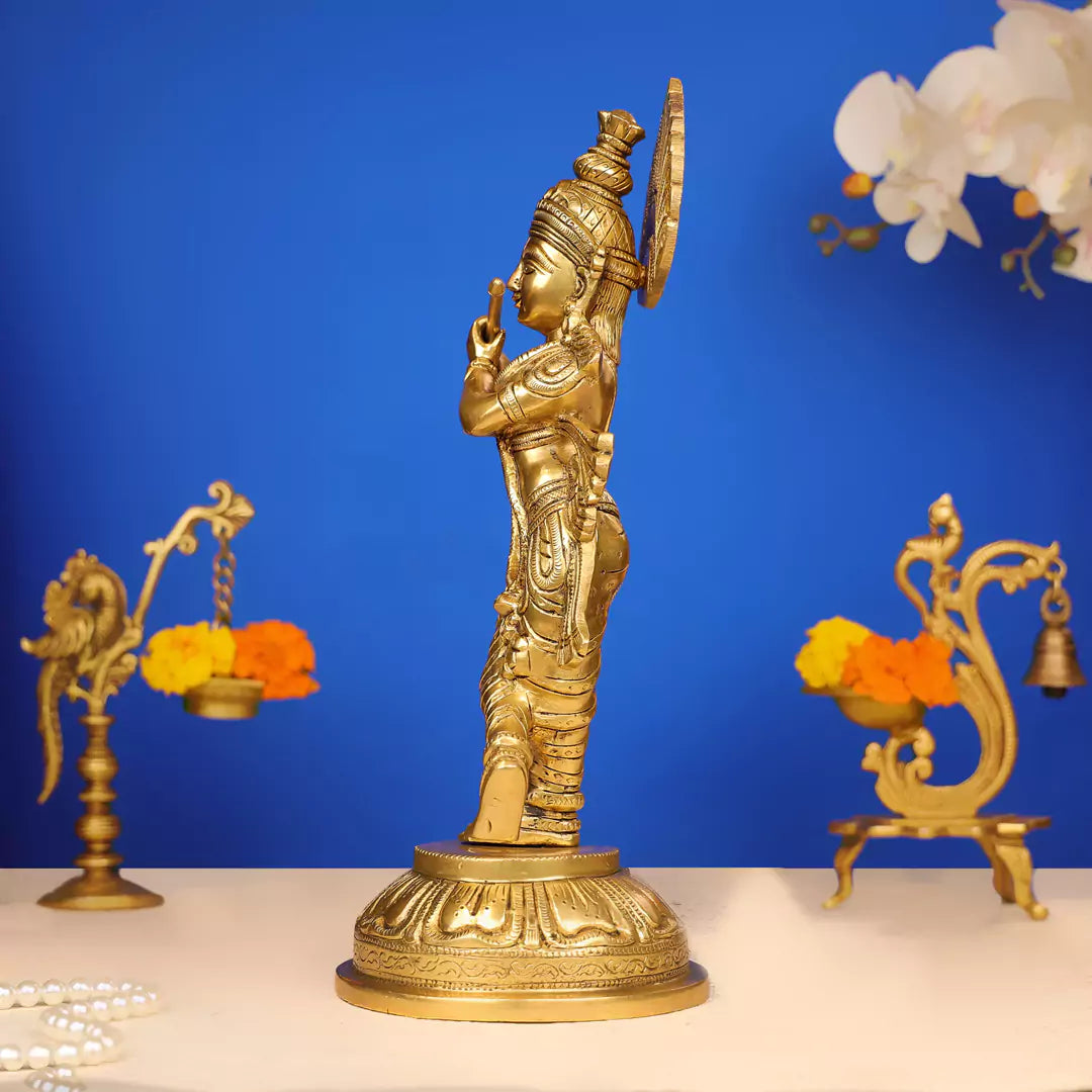 Brass Lord Krishna Murlidhar Idol Standing on Leaf Design Base 15 Inch