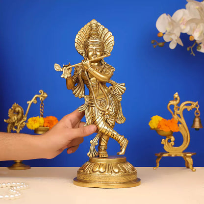 Brass Lord Krishna Murlidhar Idol Standing on Leaf Design Base 15 Inch