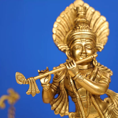 Brass Lord Krishna Murlidhar Idol Standing on Leaf Design Base 15 Inch