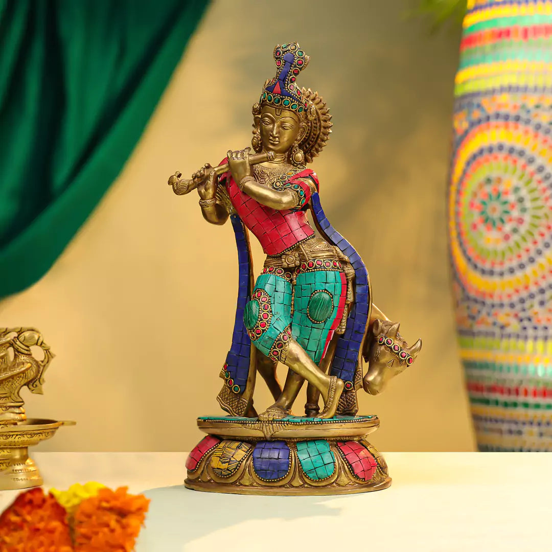 Brass Lord Krishna Fluting Idol with Cow in Background - Stone Work 14"