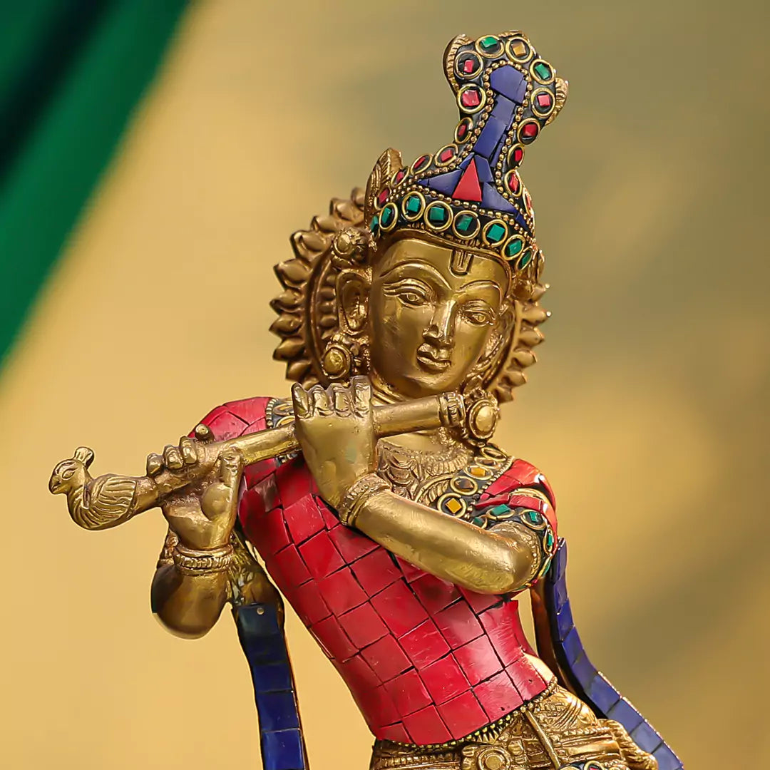 Brass Lord Krishna Fluting Idol with Cow in Background - Stone Work 14"