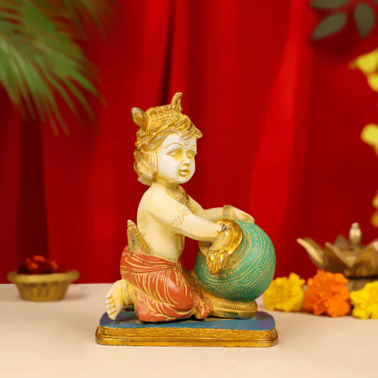 Coloured Brass Lord Krishna Makhan Chor Idol 7.5"