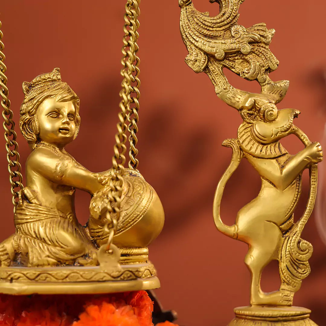 Coloured Brass Baby Krishna Idol Makhan Chor On Swings & Urli 20 Inch